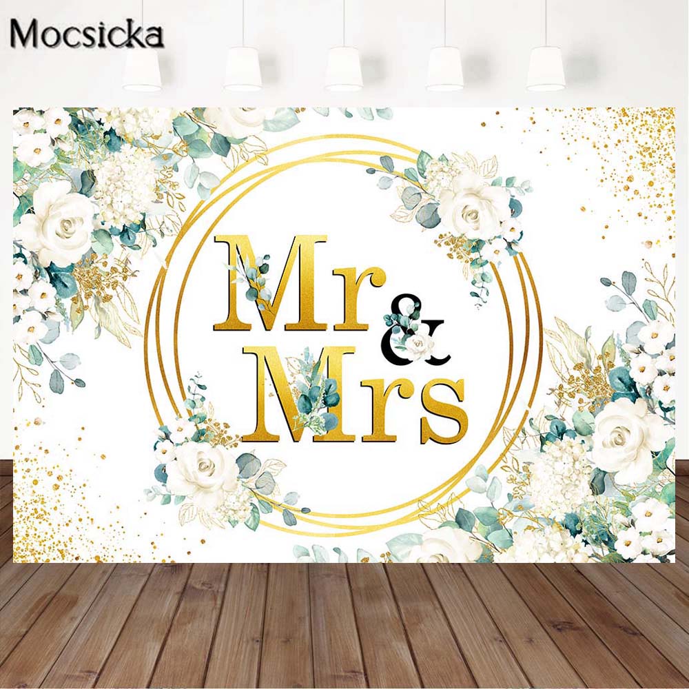 Mr&Mrs Wedding Anniversary Women Birthday Photography Backdrops Gold ...