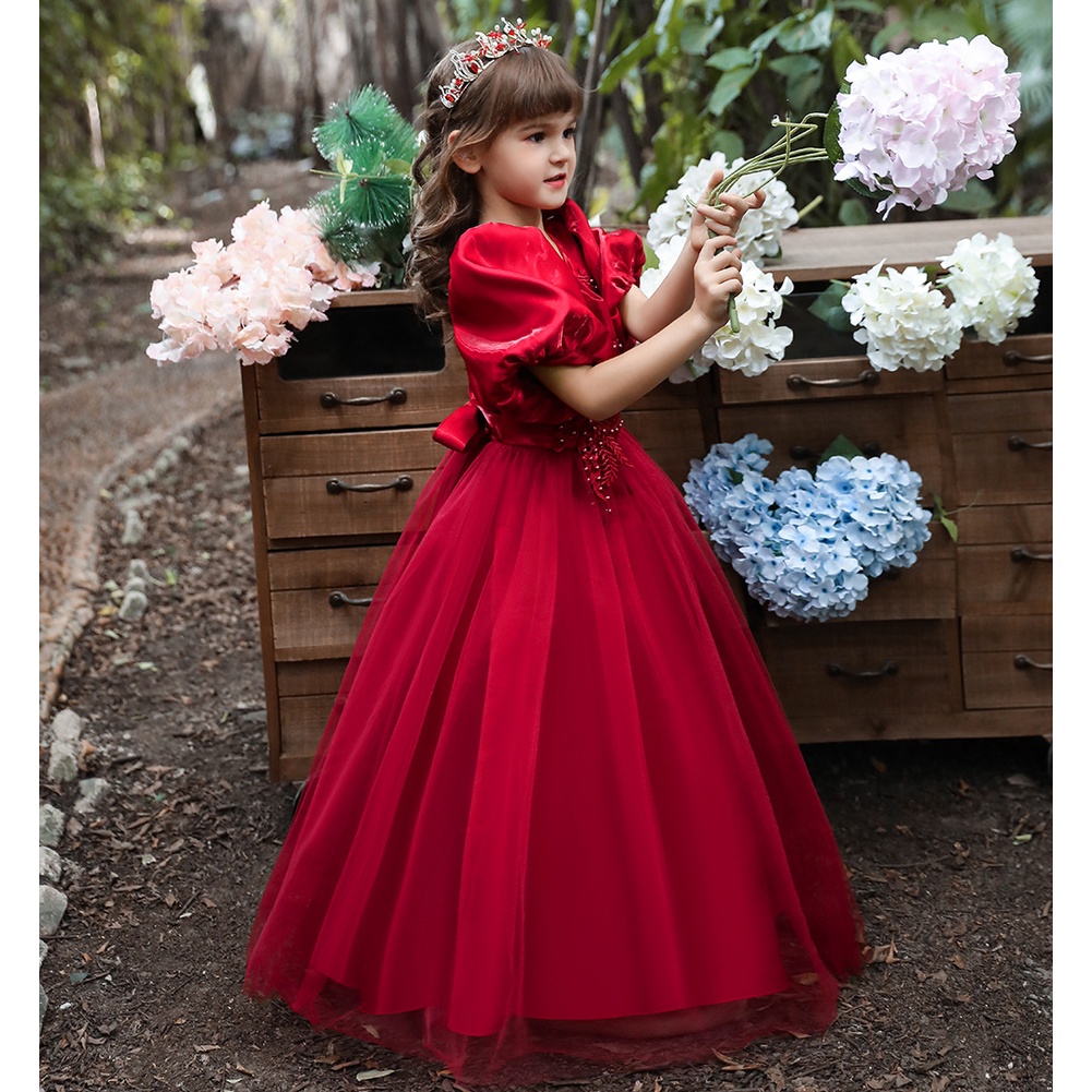 3-12 Years Puff Sleeves Girls Wedding Princess Dress Birthday Party Gown  for Kids Formal Long Dress