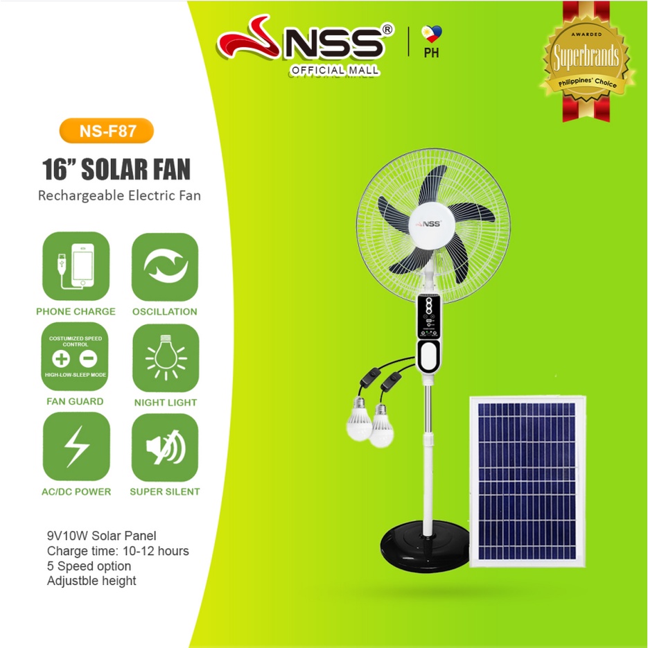 Nss Solar Fan With Panel 16 Solar Electric Fan With Light Rechargeable Fan Acdc Dual Power 10v 1839