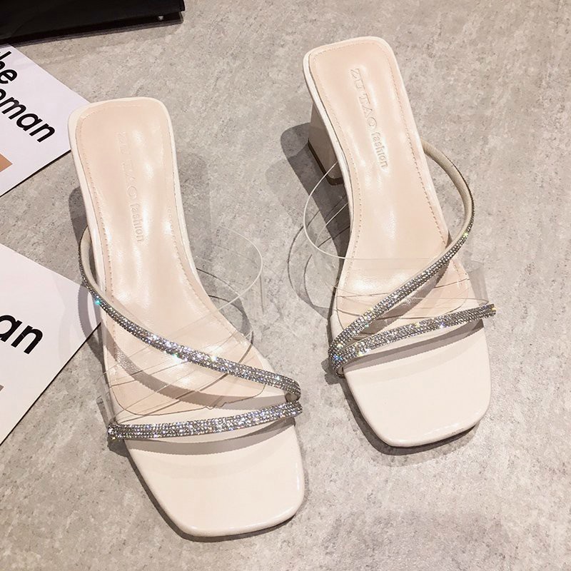 Korean women's simple transparent sandals open toe thick heel sandals ...