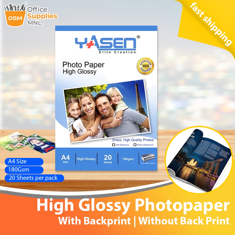 Yasen Photo Paper High Glossy A4 Size 180gsm Inkjet Photopaper 20 Sheets Pack Shopee Philippines 5878
