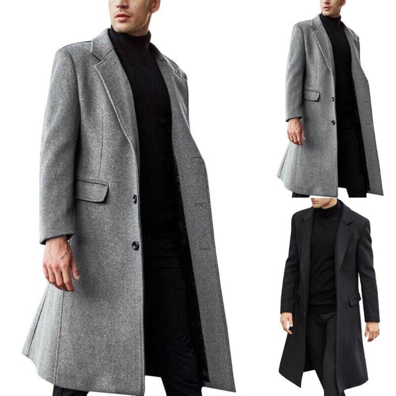 Winter Mens Formal Long Coat Long Sleeve Button Up Jacket Slim Korean ...