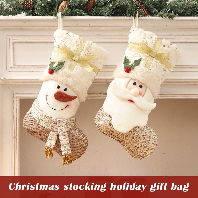 Nordic Style White Christmas 3D Santa Snowman Stocking Christmas  Decorations Children Holiday Gift Sack