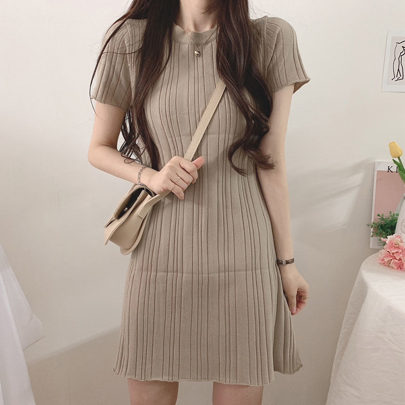 Korean Elegant Sunken Stripe Short-Sleeved Knitted Dress Round Neck ...