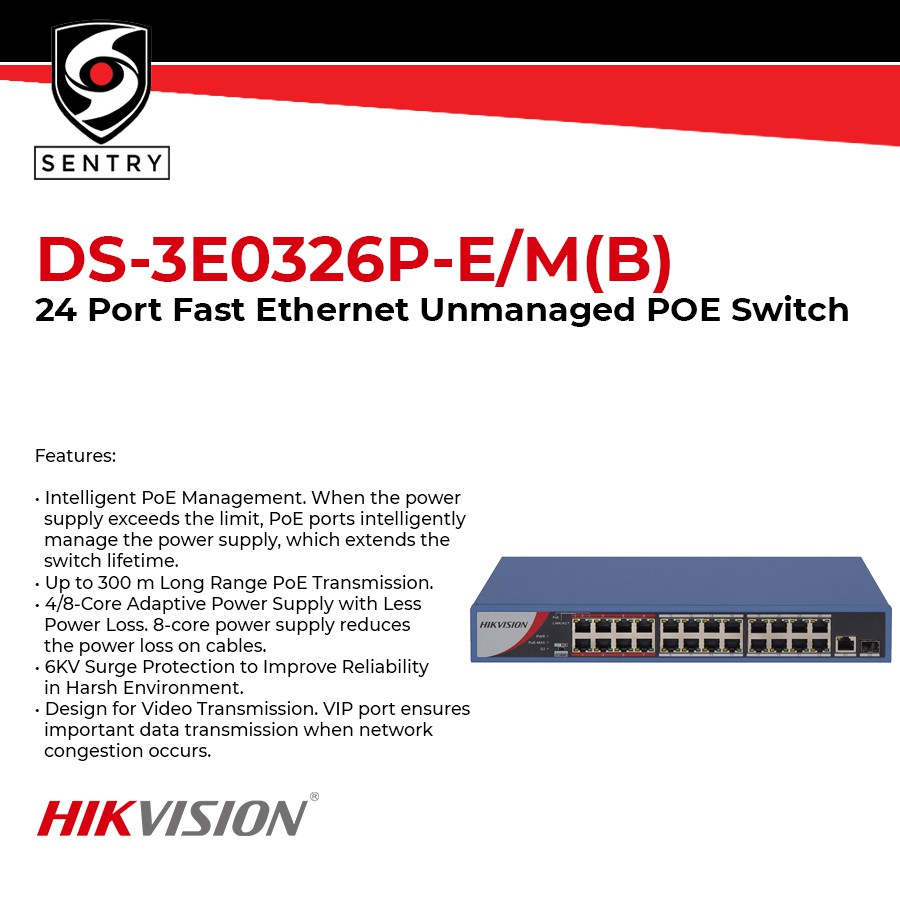 HIKVISION DS-3E0326P-E/M(B) 24 Port Fast Ethernet Unmanaged POE Switch ...