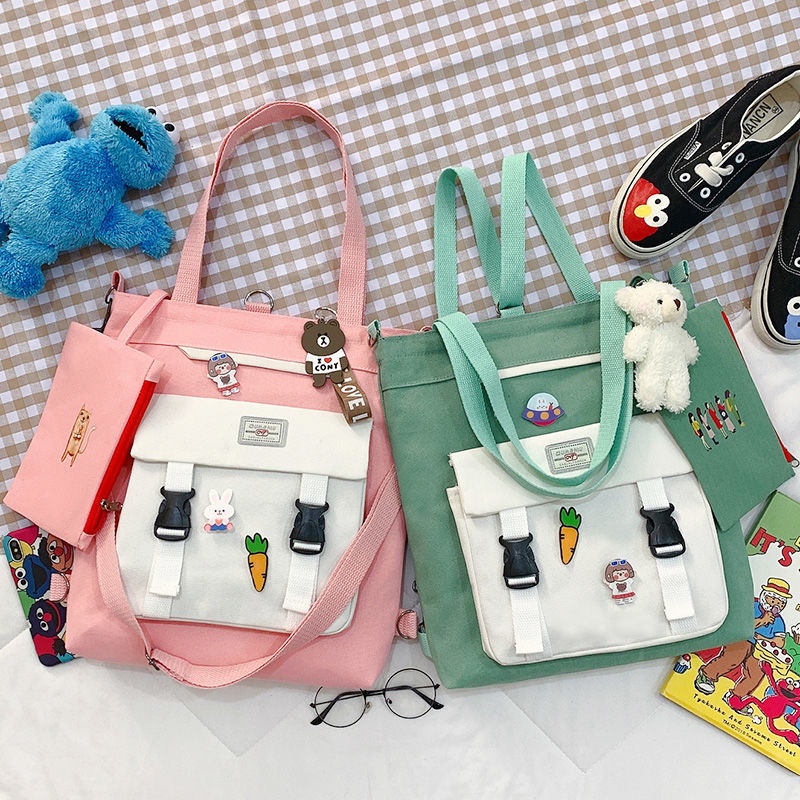 Canvas new tote bag With zipper student high-capacity Korean double  shoulder hand carrying simple single shoulder sling bags for women