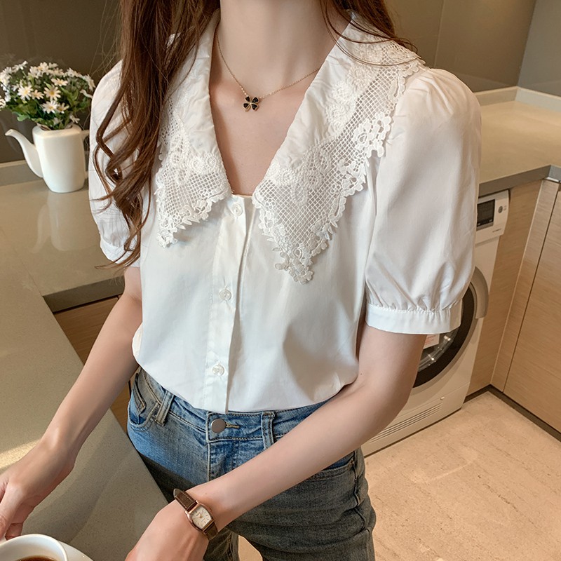 White blouse with peter pan collar sales