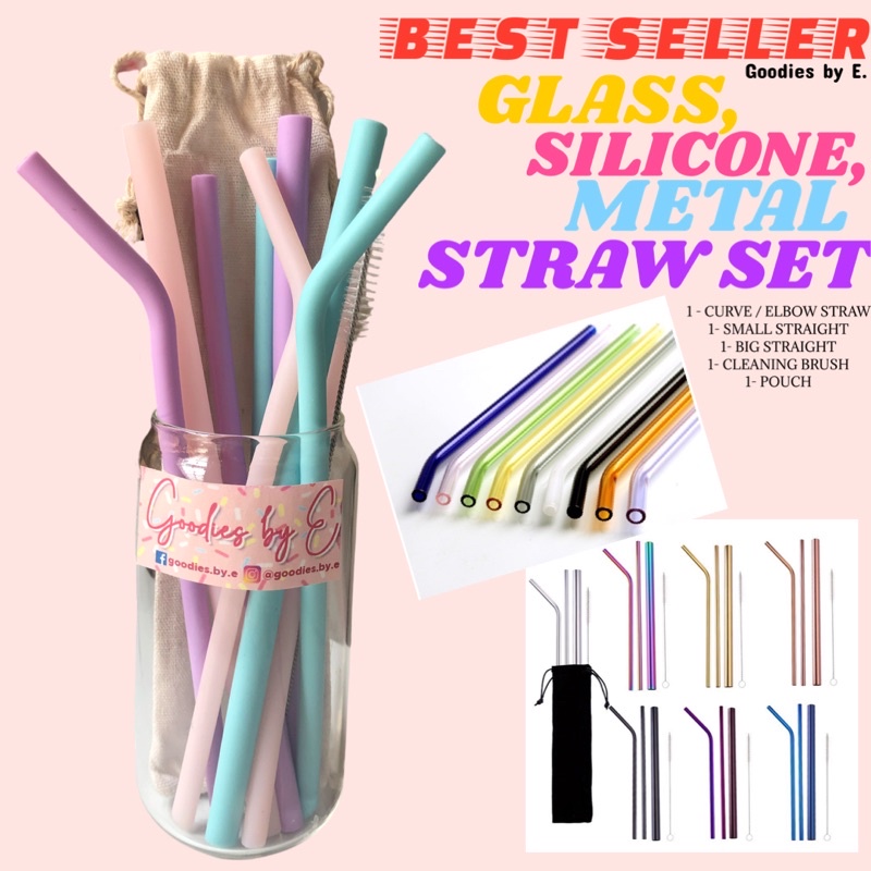 5in1 Metal glass silicone straw set reusable stainless steel straight
