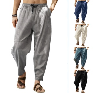 Mens Linen Drop Low Crotch Pants Tapered Loose Baggy Trousers Joggers  Casual Punk Hippie