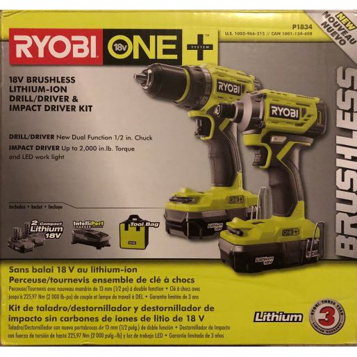 RYOBI 18V. ONE+ Brushless Drill/Driver Impact Kit includes 2pcs(1.3ah
