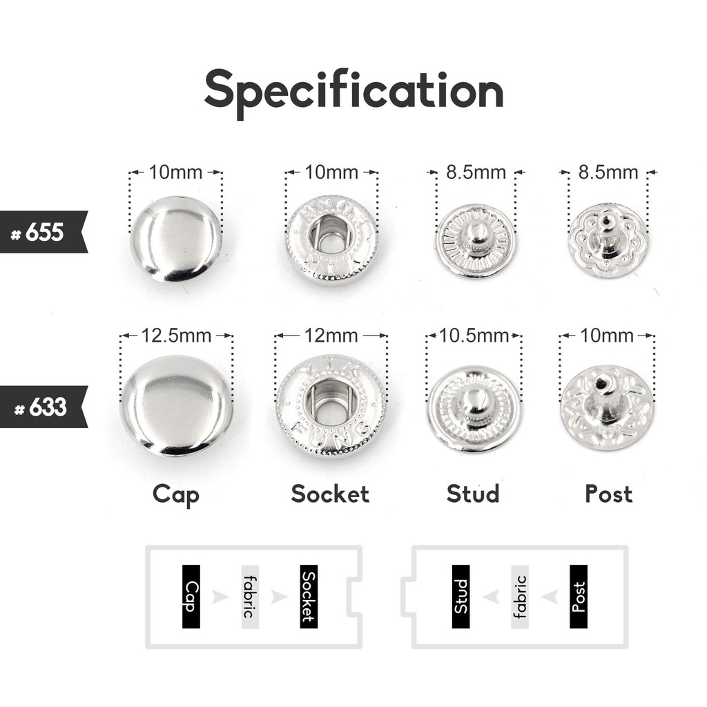 50sets Multi-Size/Color Metal Snap Fasteners Press Studs Snaps Button ...