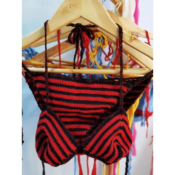 Crochet Bikini Set Handmade Black and Red Stripes Crochet