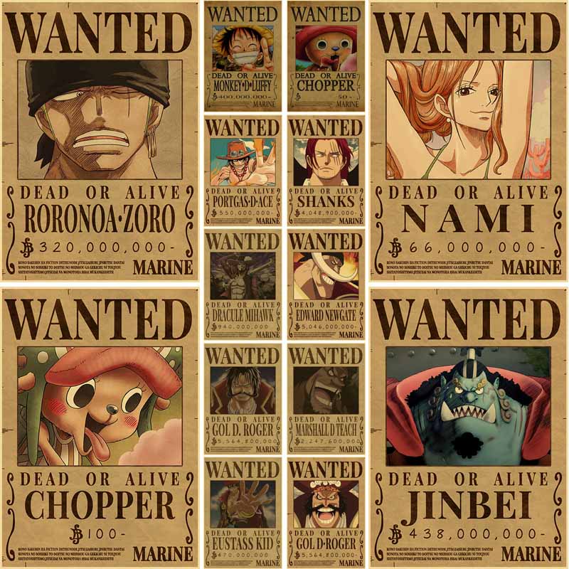 Retro Kraft Paper One Piece Wanted Posters Anime Luffy Paintings on The ...