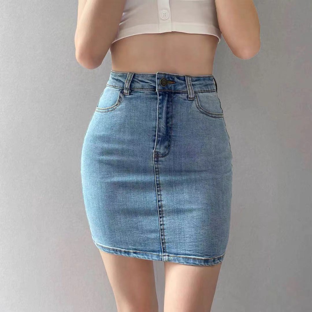Women Bodycon Denim Skirt Elastic High Waist Slim A-line Short