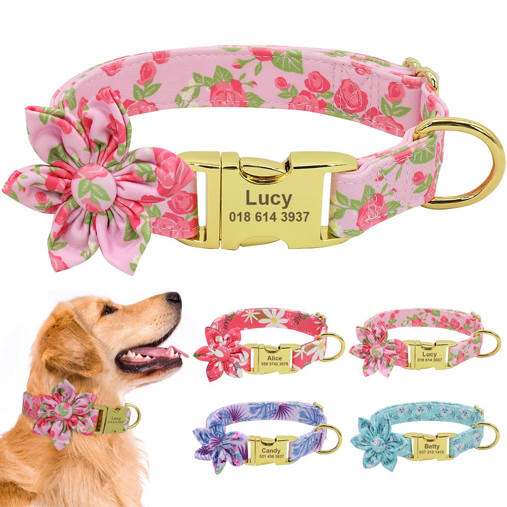Luxury Slide on Big Flower Nylon Dog Personalized Collars Custom Dog