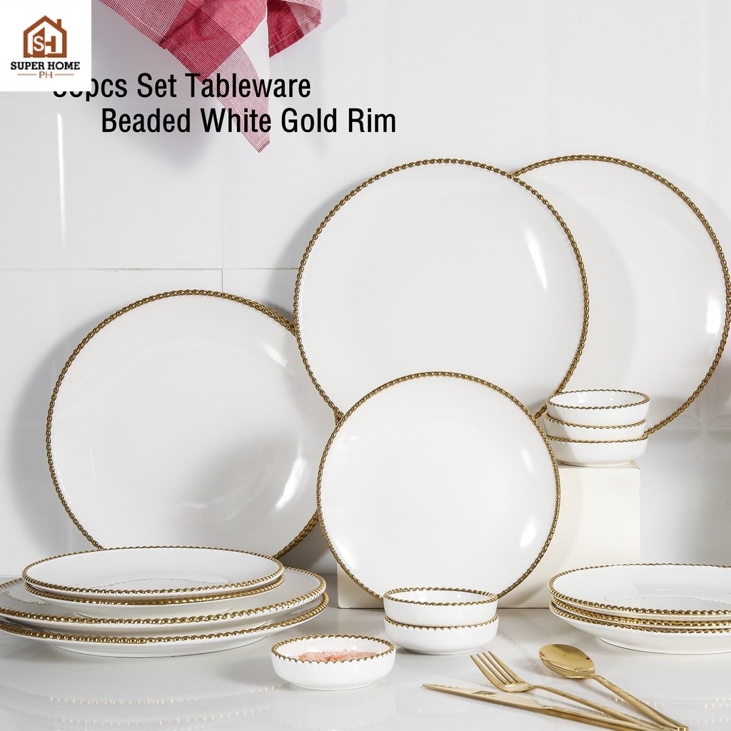Nordic Ceramic Tableware Beaded White Gold Rim Dinner Plate Salad ...