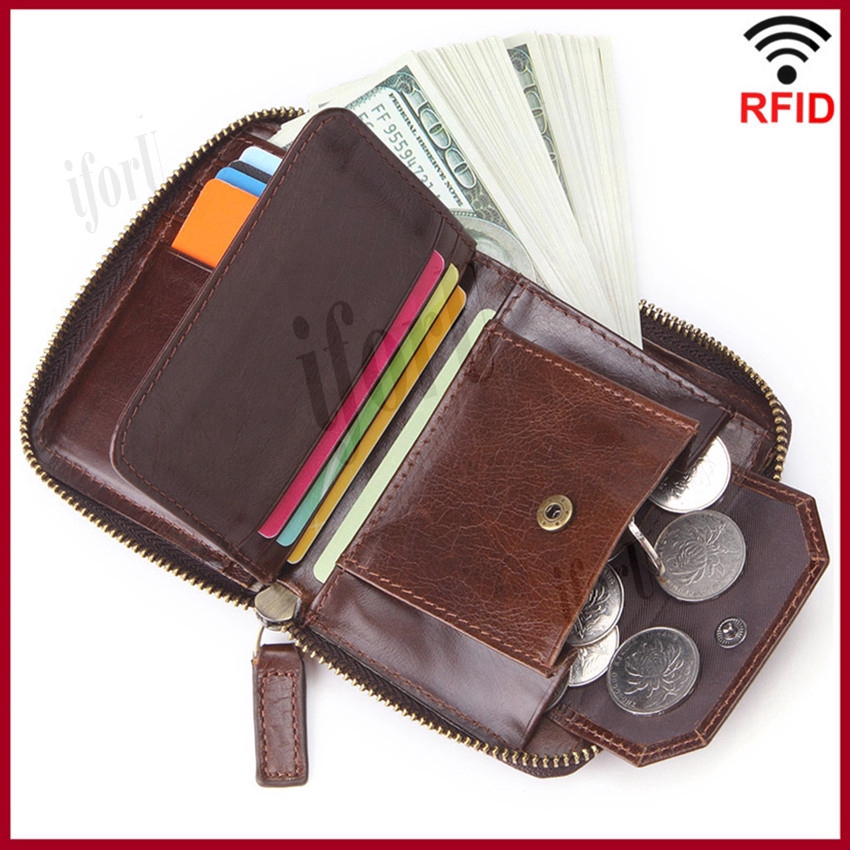 RFID men short wallet with coin pocket genuine leather small zipper ...