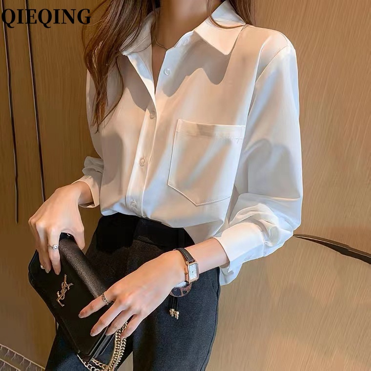 QIEQING polo long sleeve blouse for women plus size top casual loose thin  white blouse fashion