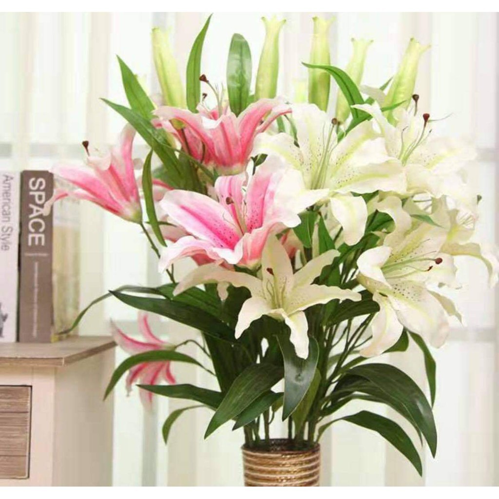 Long Stem Artificial Rubber Stargaizer flowers Fake Silk Full Bloom