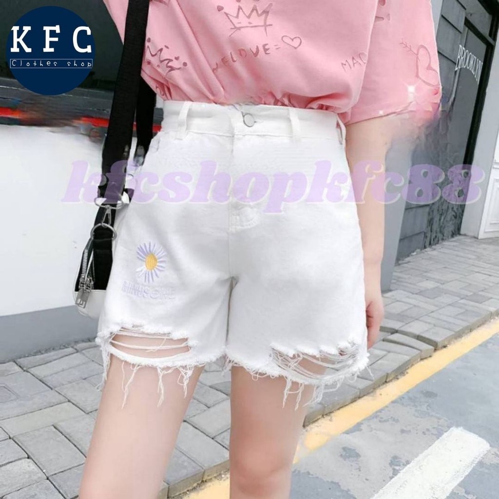 KFC High-Waisted Ripped Front Daisy Embroidered Hole Denim Shorts 22043 ...