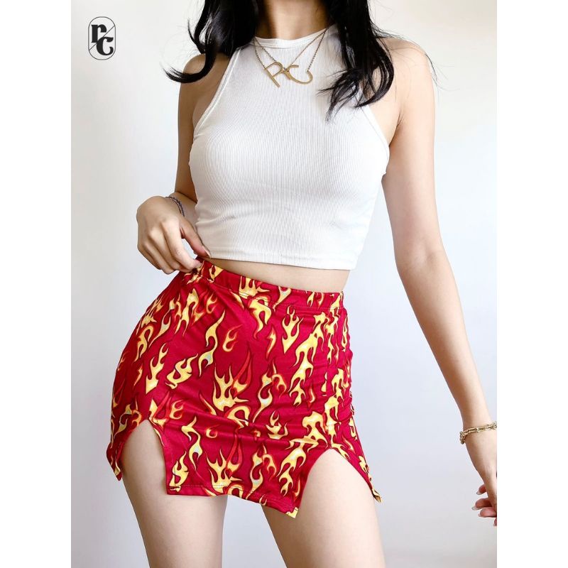 Fire Skirt Fire Print Skirt with Slit Mini Sexy Skirt with Double