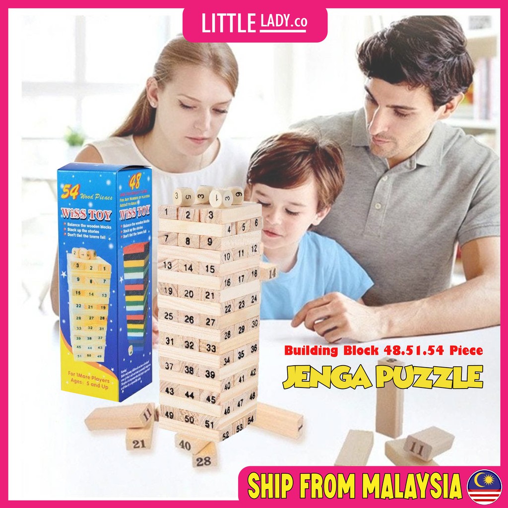 54 Pcs Wooden Number Stacking Block/Jenga Tower Toy with dice for kids and children Wood Block