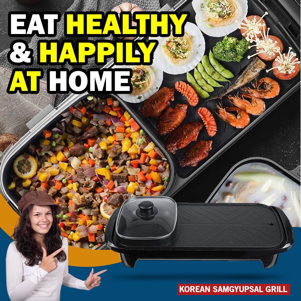 samgyupsal grill pan 2 in 1 Electric Barbecue Grill Pan with Hotpot