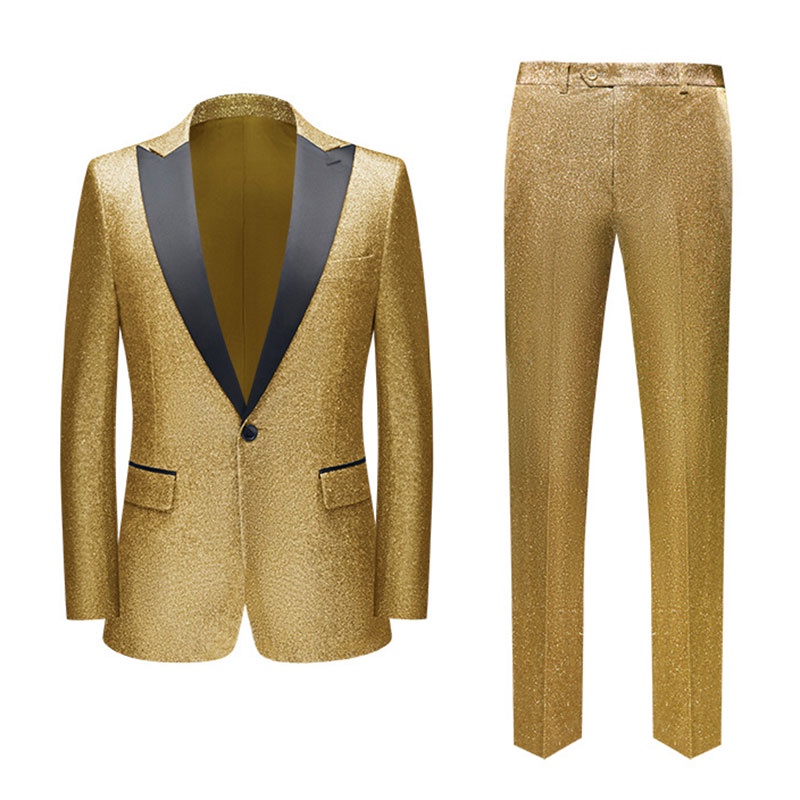 Mens Luxury Gold Sequins Two Pieces Set Suits One Button Peak Lapel ...