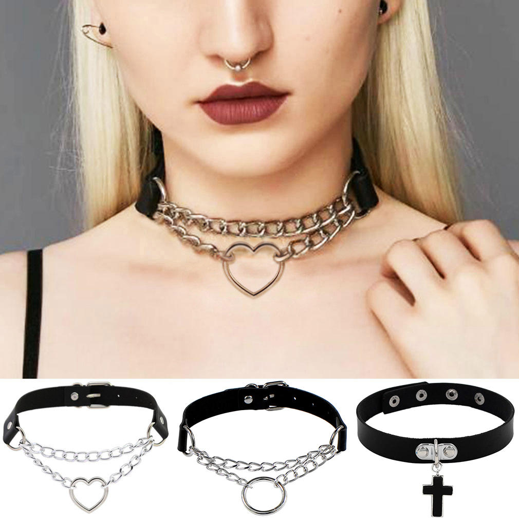 Women's Punk Gothic Choker Necklace Pu Leather Heart Rivet Collar  Adjustable Soft Collar Chain