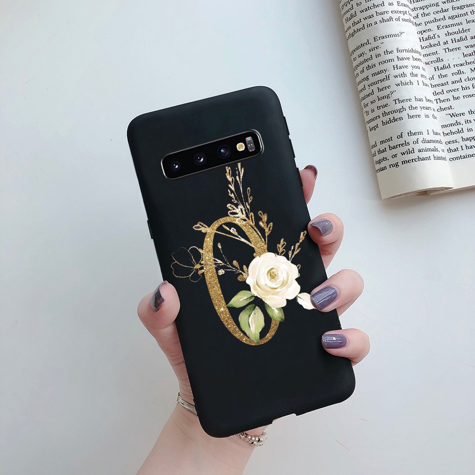 Samsung Galaxy S10 Plus Phone Case Black Matte Cute Floral Letters
