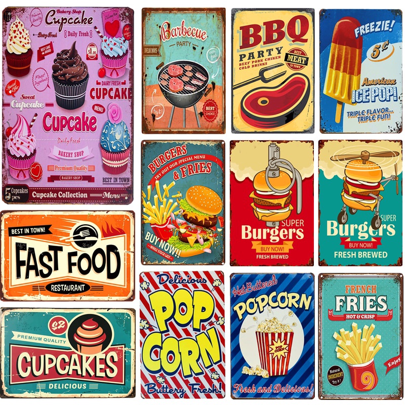 MEO Vintage Metal Tin Signs BBQ Fast Food Hamburger Cupcake Pop Corn ...