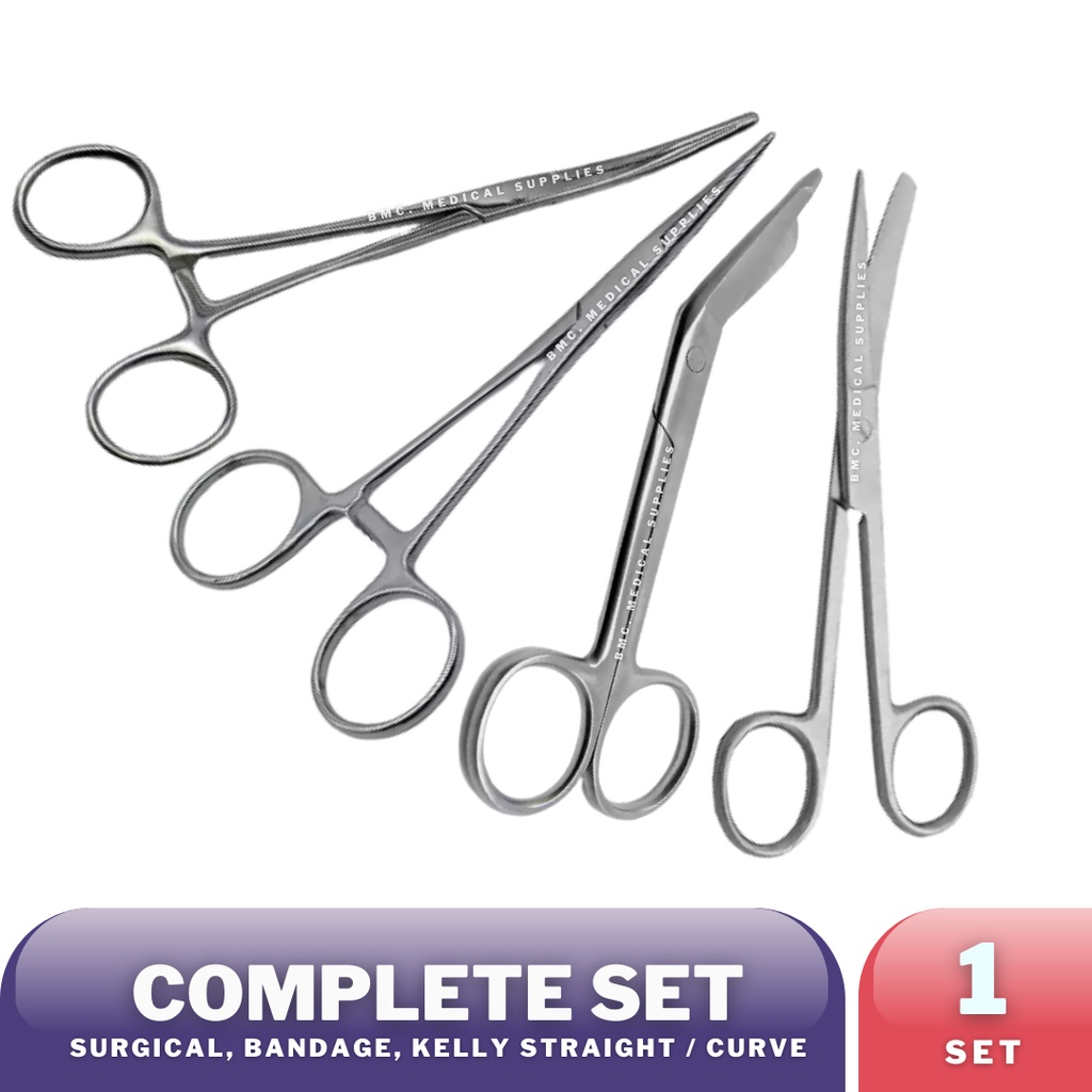 Kelly Forcep (S/C), Bandage Scissor and Surgical Scissor (Set) with or