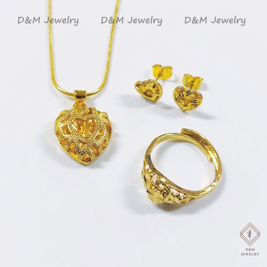 D&M jewelry 18K Bangkok Gold Heart Necklace Earring Adjustable Ring ...