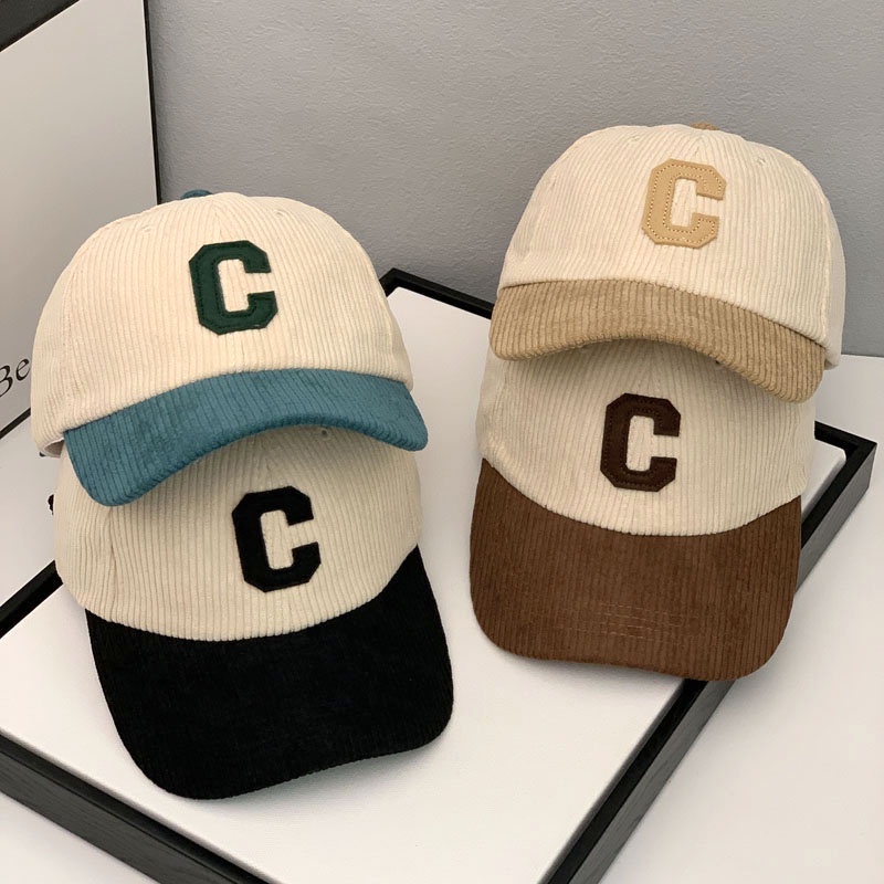 Colorblock Letter C Couple Hat Corduroy Versatile Autumn Winter Peaked Cap