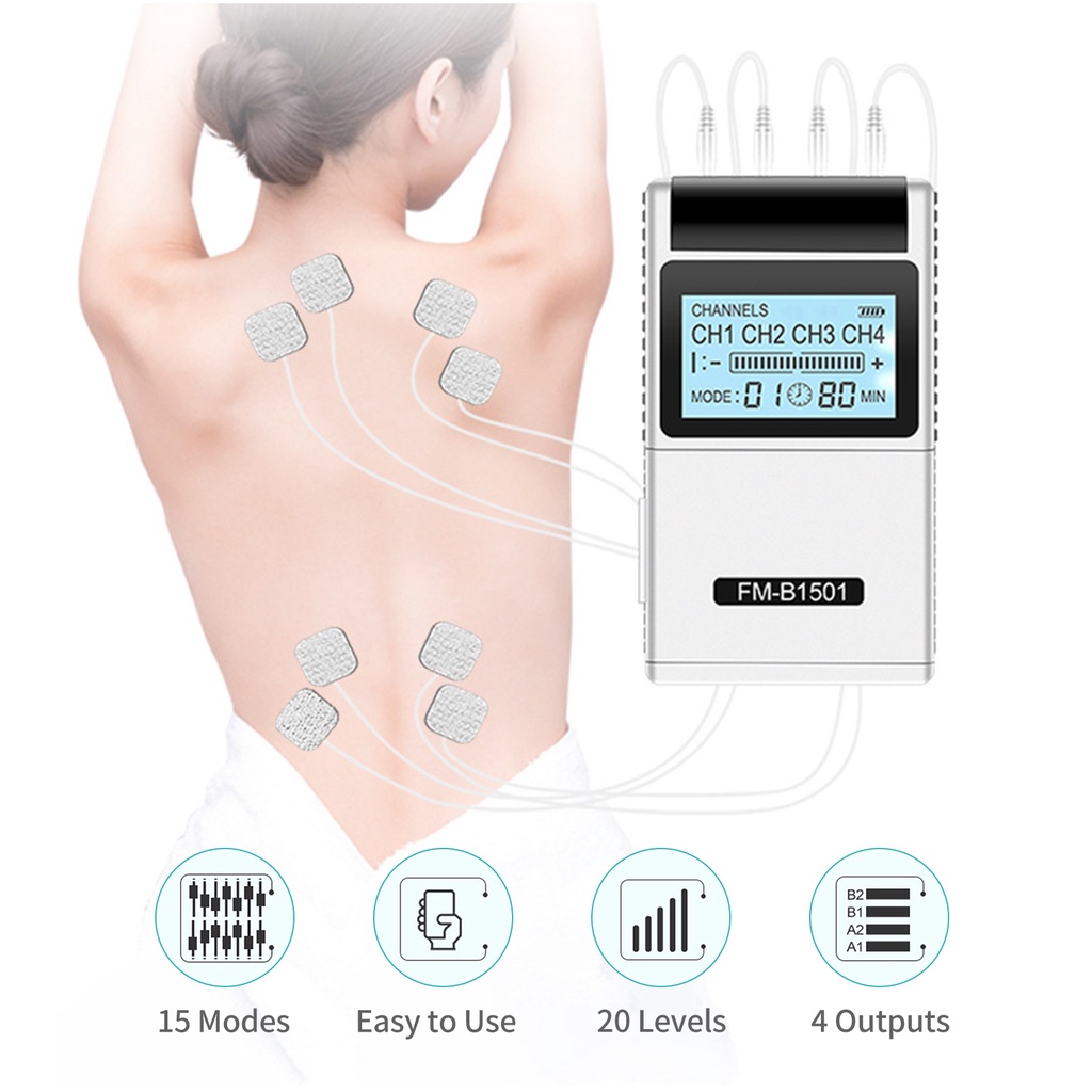 TENS Muscle Stimulator 15 Modes 4 Outputs 8 Pads Pain Relief Electric