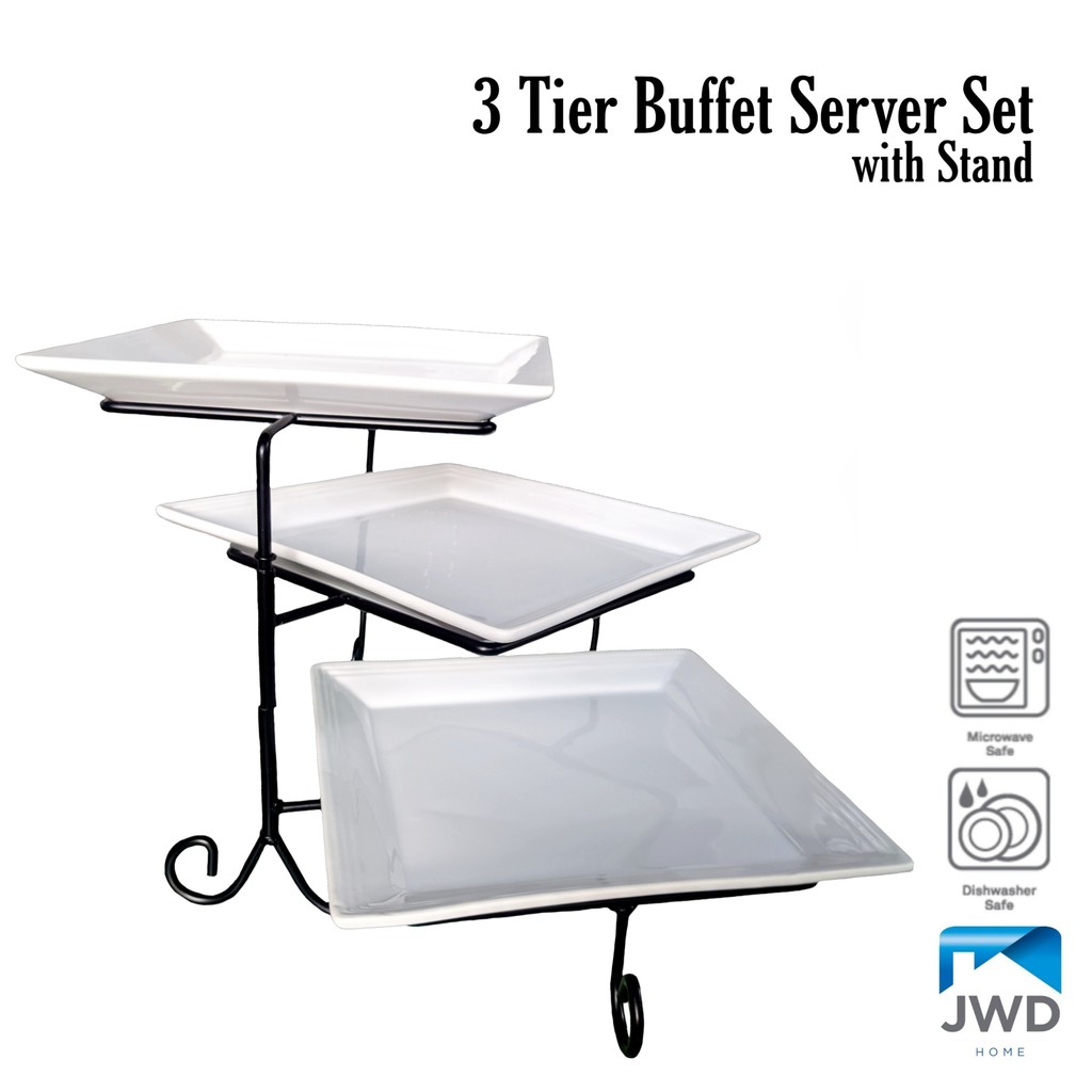 3 Tiered Square Ceramic Buffet Server Set with Metal Wire Stand
