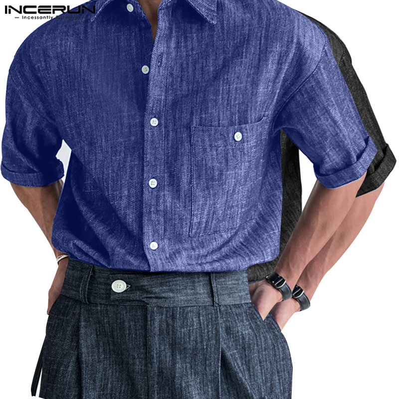 INCERUN Mens Short Sleeve Denim Jeans Stylish Button Down Collared