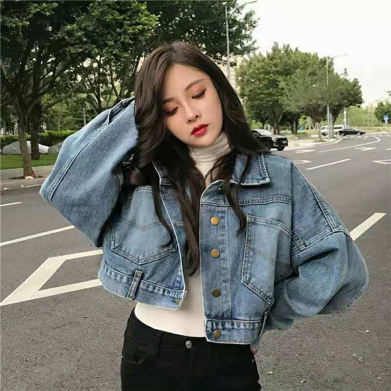 Vintage Korean Version Bat Shirt Denim Jacket Women Versatile Loose Girls  Short Women's Clothing