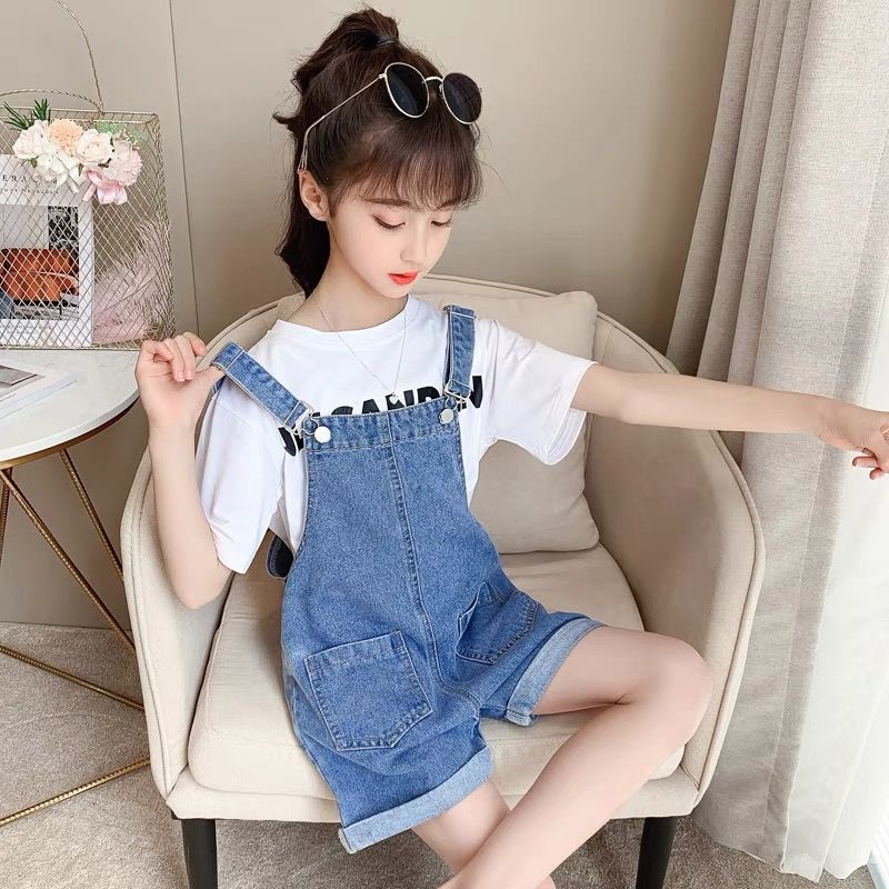 Girls Overalls 2022 New Style Summer Clothes Medium Big Kids Denim Shorts  Korean Version Western Suit Children's Pants Pokémon Clothing