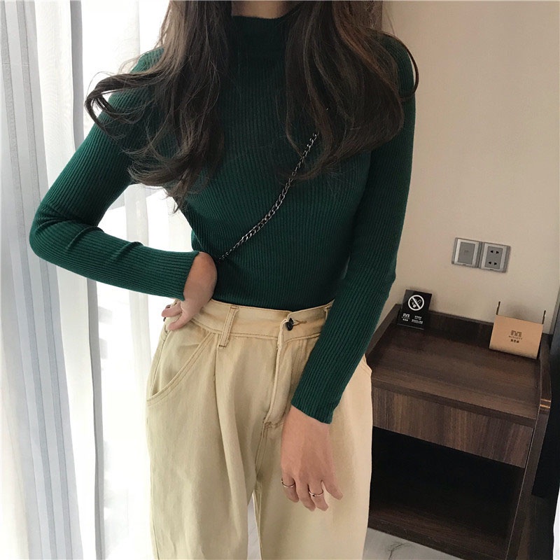 Women's long sleeved knitted shirt, round neck, slim fitting half high ...