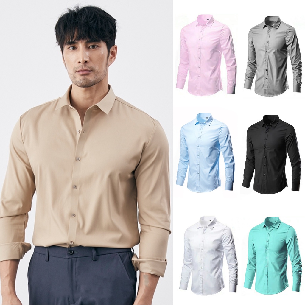 HUILISHI Long Sleeve Formal/Business Polo for Men Plain Cotton 7 Colors ...