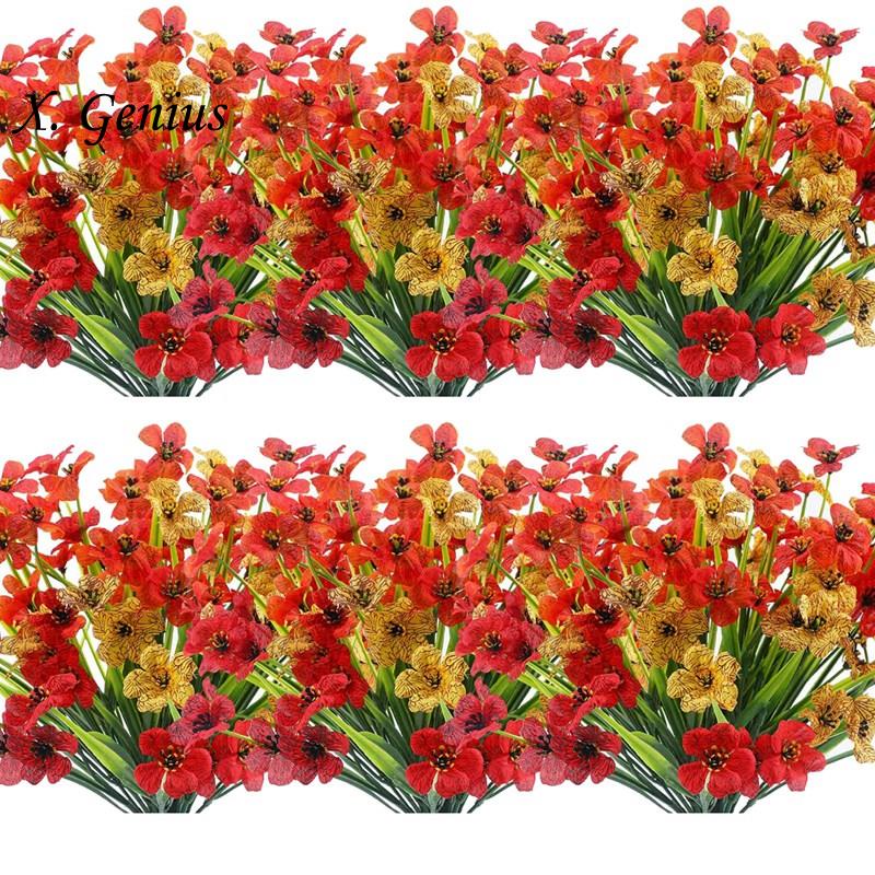 Artificial Outdoor Plants and Flowers 12 Bundles,Red Yellow Orange