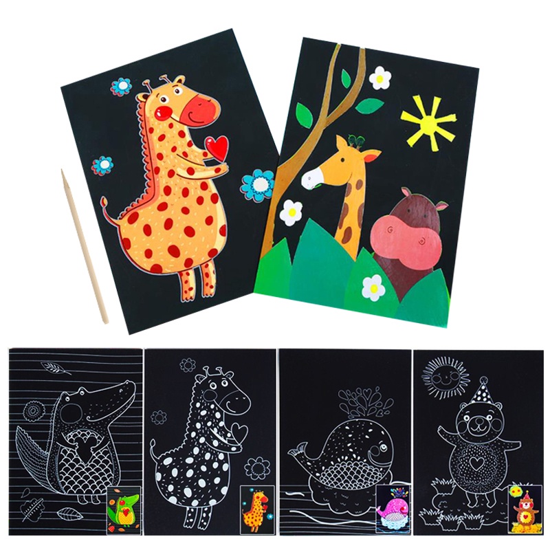 New Magic Scratch Painting Art Paper Card Set Cute Cartoon Zoo Sea