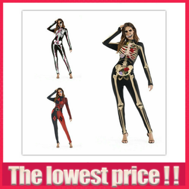 Alidamo Damen Halloween Jumpsuit – 3D Skelett-Druck, Aus Polyester/Spandex, Figurbetont