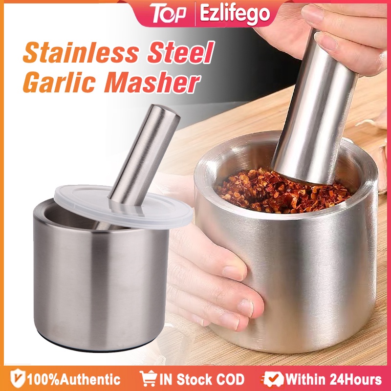 Mortar And Pestle Stainless with Lid Pill Crusher Herb Bowl Pesto