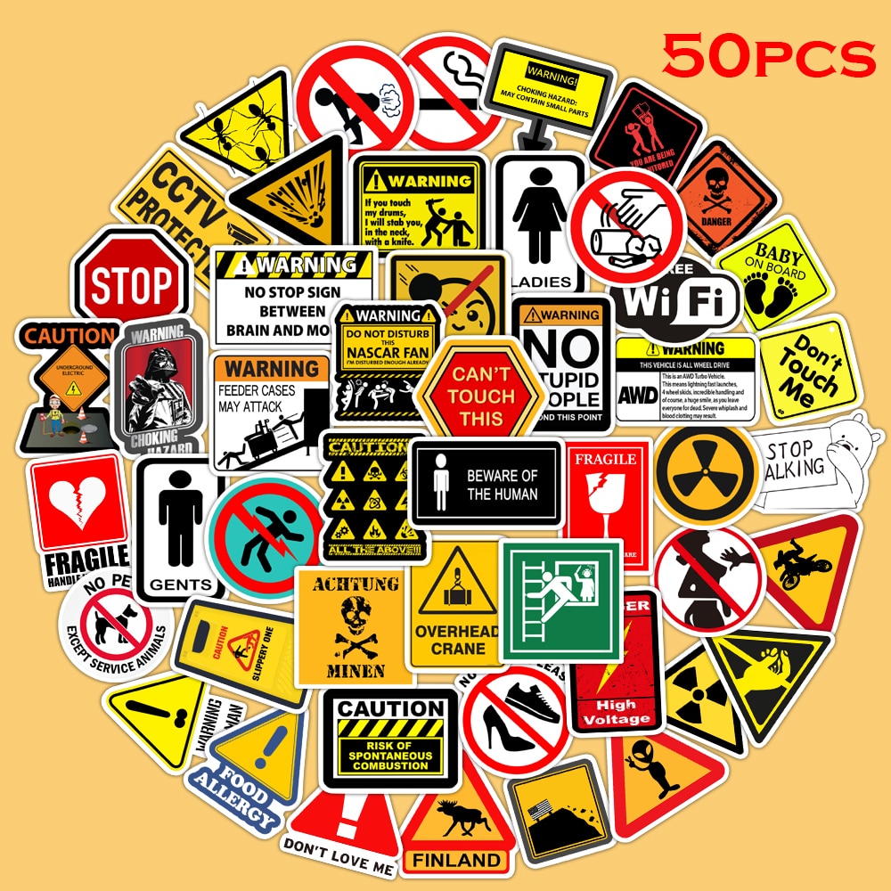 50Pcs Warning Stickers Danger Banning Signs Reminder Waterproof Sticker ...