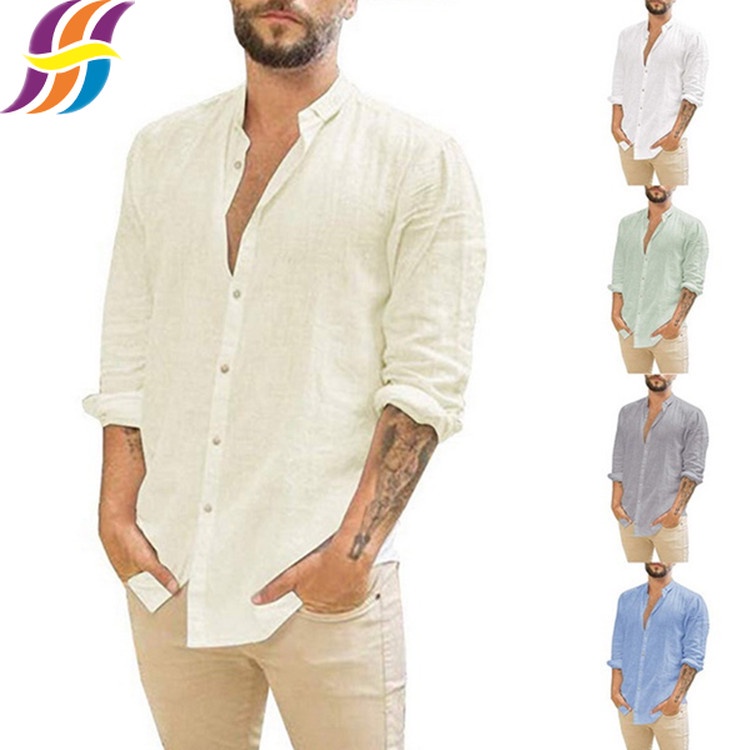 Causal Plain Shirts Men's Cotton Linen Shirt Loose Long Sleeve Casual ...