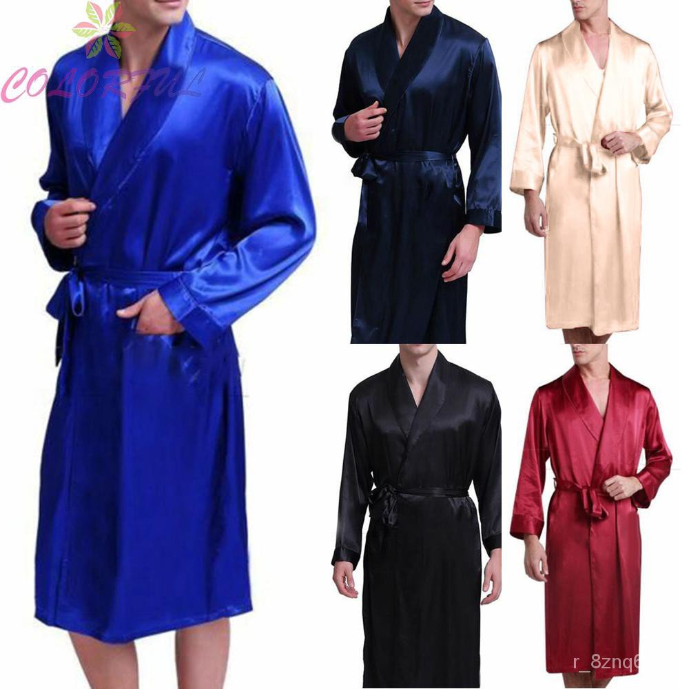 Men Silk Satin Long Robe Summer Wraps Dressing Gown Bathrobe Nightgown ...