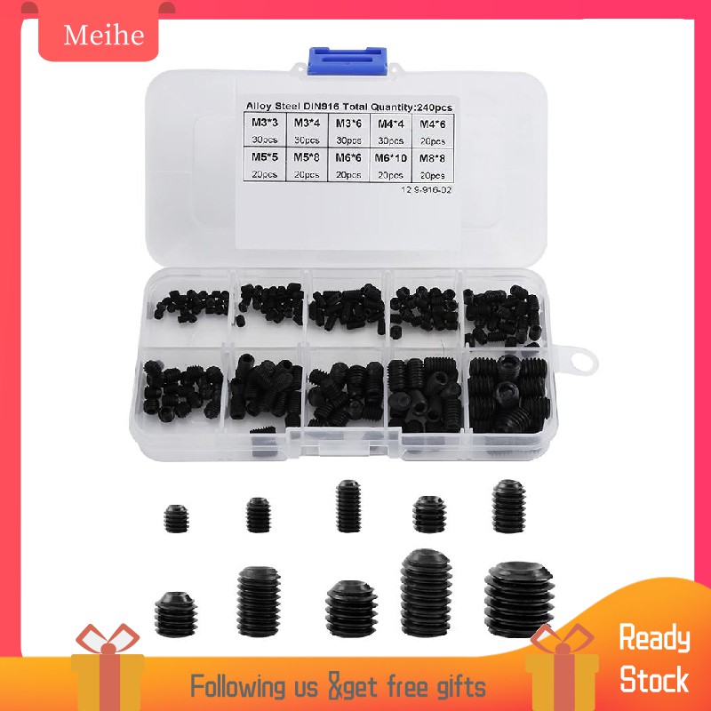240-Piece Alloy Steel Grub Screw Assortment Kit - DIN916 M3 To M8 Socket Set Allen Head Hex Keys With Box - View #13