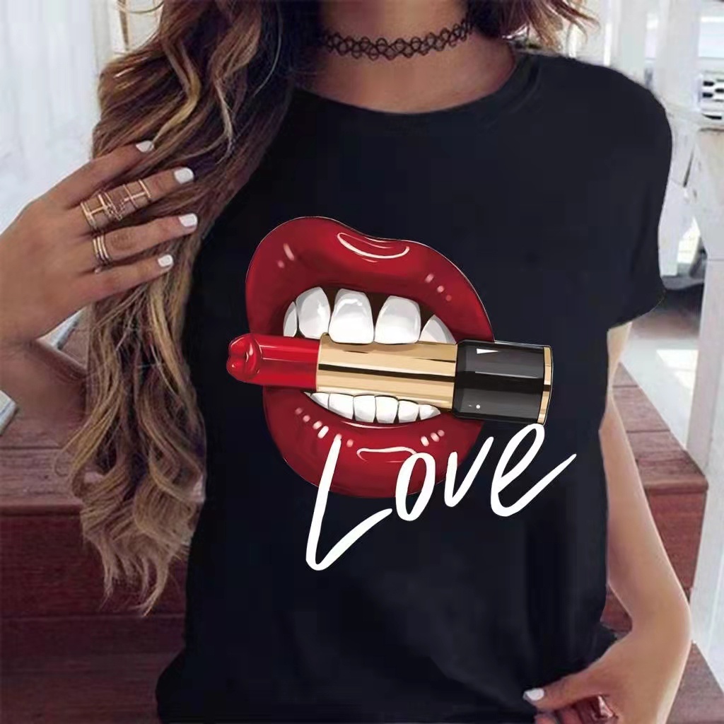 Sexy Lips T-shirt Sexy lips printed women's black T-shirt fashion ...
